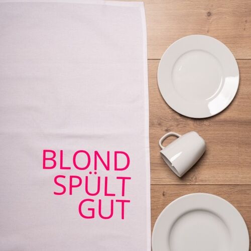 Geschirrtuch weiss, BLOND SPÜLT GUT, neon pink