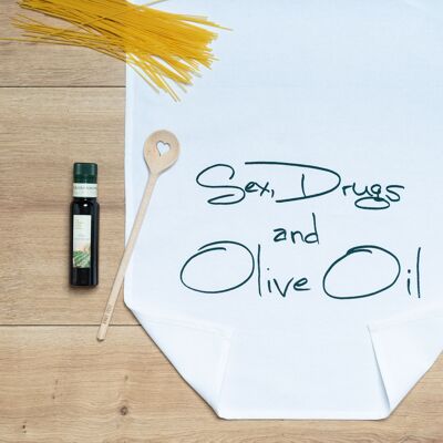 Torchon blanc, sexe, drogue et huile d'olive en vert