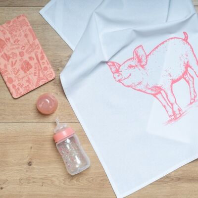 White tea towel, PIG, pink