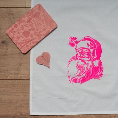 White tea towel, SANTA CLAUS, neon pink