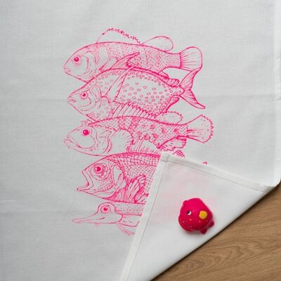 White tea towel, 5 FISH, neon pink