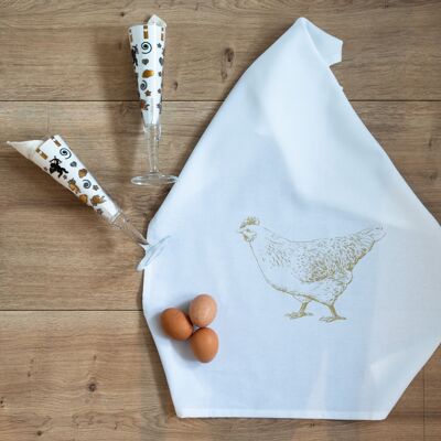 Paño de cocina blanco, pollo dorado