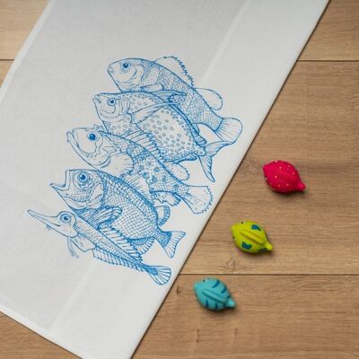 White tea towel, 5 FISH, blue