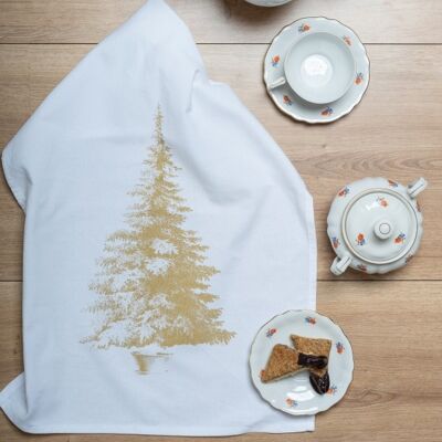 White tea towel, CHRISTMAS TREE, gold