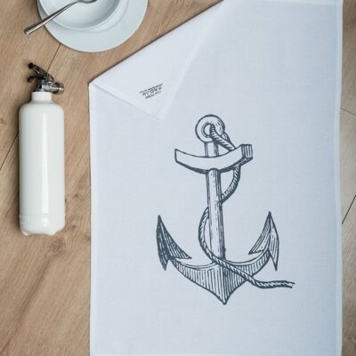 White tea towel, ANCHOR, gray