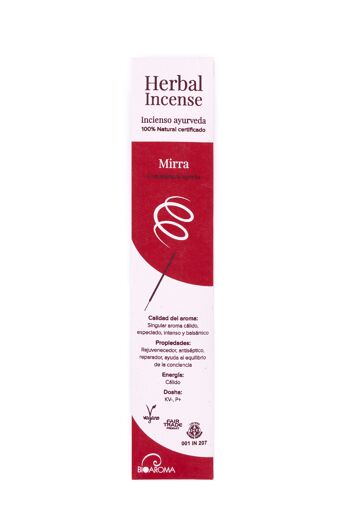 Encens bio certifié Myrrhe BioAroma. Ayurvéda. Commerce équitable. Zero gaspillage. 12 tiges. 1