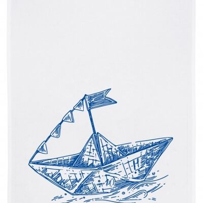 White tea towel, PAPER SHIP, blue