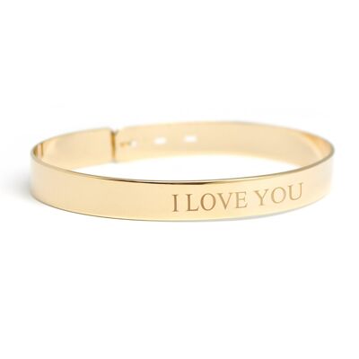Women's wide gold-plated ribbon bangle - I LOVE YOU engraving
