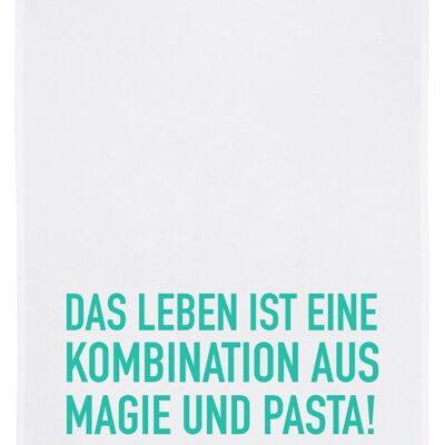Torchon blanc, pâtes avec magie en turquoise