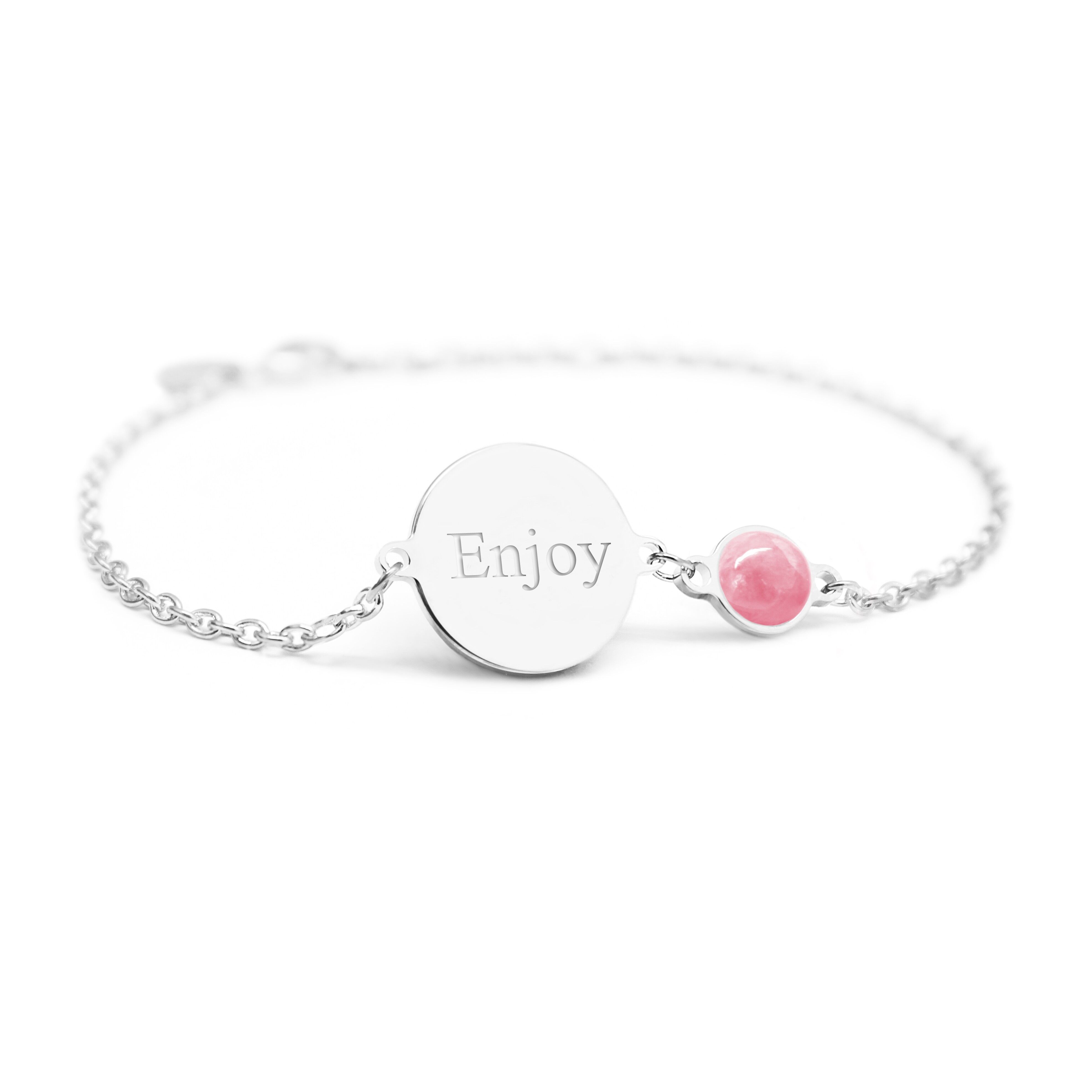 Bracciale da donna a catena in argento 925 con medaglione e pietra rosa - Incisione ENJOY