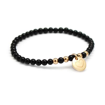 Pulsera con cuentas de ágata negra y mini charm chapado en oro para mujer - Grabado CORAZÓN