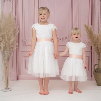 White Lace and Tulle Flower Girl Bridesmaid Christening Communion Dress with Colour sash