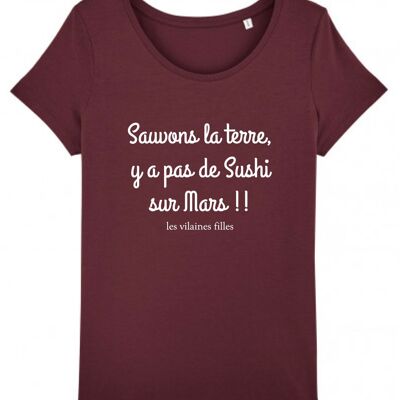 Round neck t-shirt Save the earth organic, organic cotton, burgundy