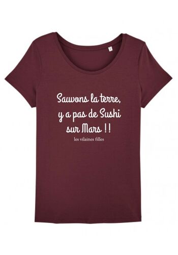 Tee-shirt col rond Sauvons la terre bio, coton bio, bordeaux