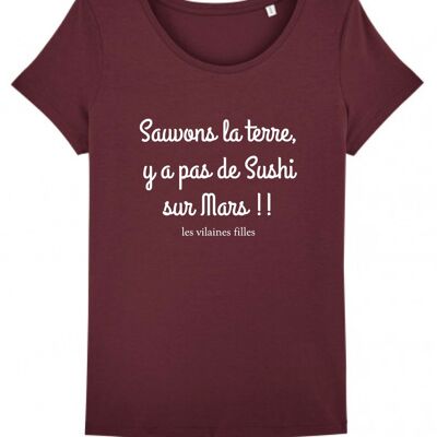 Round neck t-shirt Save the earth organic, organic cotton, burgundy