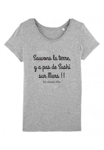 Tee-shirt col rond Sauvons la terre bio, coton bio, gris chiné