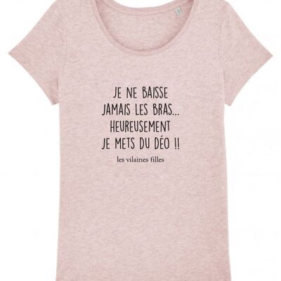 Tee-shirt col rond Je ne baisse jamais les bras bio, coton bio, rose chiné