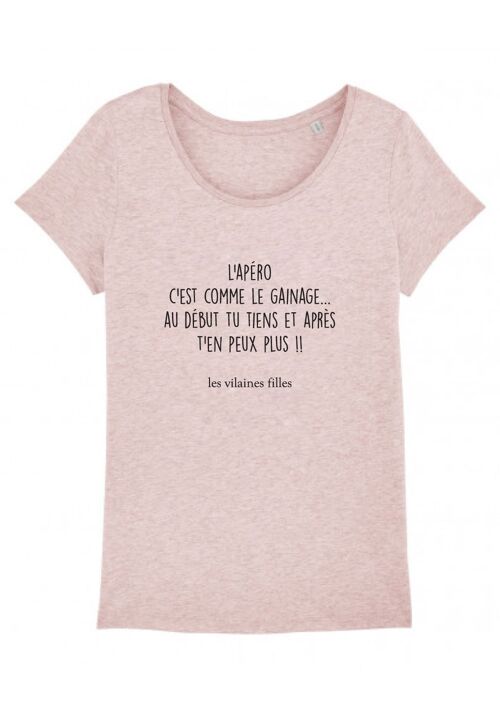 Tee-shirt col rond L'apéro c'est comme le gainage bio, coton bio, rose chiné