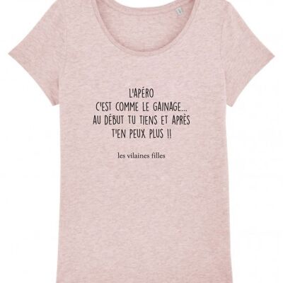 Tee-shirt col rond L'apéro c'est comme le gainage bio, coton bio, rose chiné