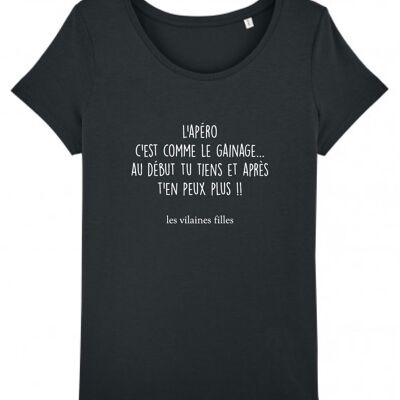 Tee-shirt col rond L'apéro c'est comme le gainage bio, coton bio, noir