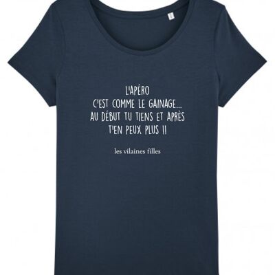 Tee-shirt col rond L'apéro c'est comme le gainage bio, coton bio, bleu marine