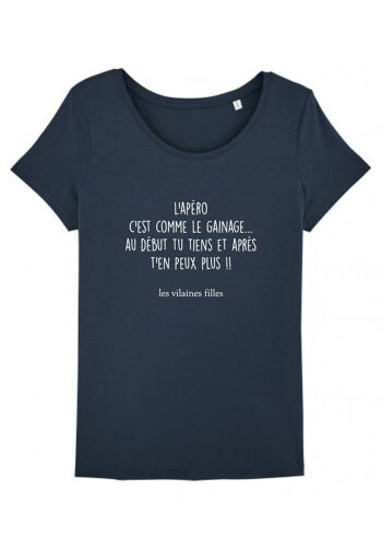 Tee-shirt col rond L'apéro c'est comme le gainage bio, coton bio, bleu marine