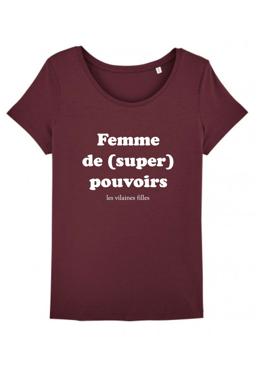 T-shirt girocollo da donna con superpoteri organici, cotone biologico, bordeaux
