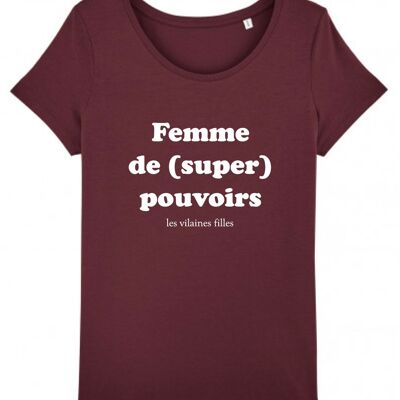 Camiseta de cuello redondo para mujer con superpoderes orgánicos, algodón orgánico, burdeos