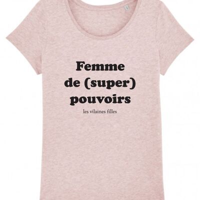 Camiseta de cuello redondo para mujer con superpoderes orgánicos, algodón orgánico, rosa jaspeado