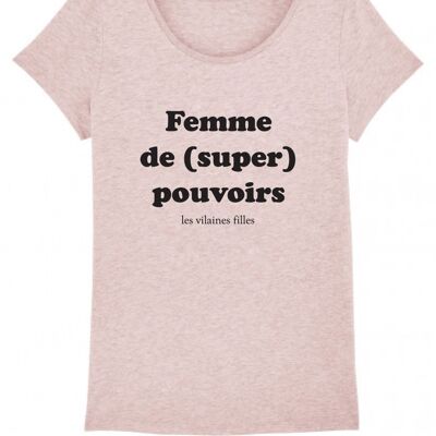 Camiseta de cuello redondo para mujer con superpoderes orgánicos, algodón orgánico, rosa jaspeado