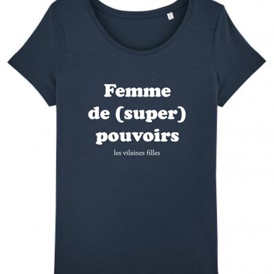 Women's round neck T-shirt with organic superpowers, organic cotton, navy blue