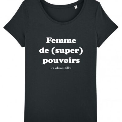 Camiseta de cuello redondo para mujer con superpoderes orgánicos, algodón orgánico, negro