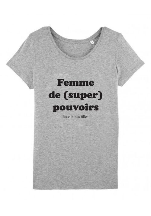 Tee-shirt col rond Femme de super pouvoirs bio, coton bio, gris chiné