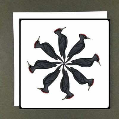 Tarjeta de felicitación con espiral de pájaro carpintero negro - Papel reciclado + Donación benéfica