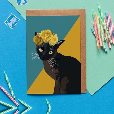 Betty die Siamkatze mit Blumenkronen-Grußkarte