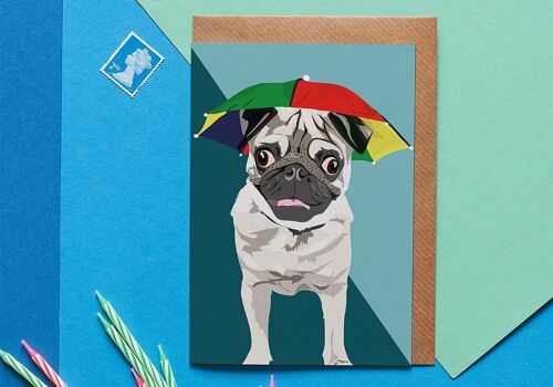 Arnie the Pug with umbrella hat greeting card