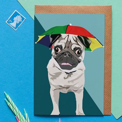 Arnie the Pug with umbrella hat greeting card