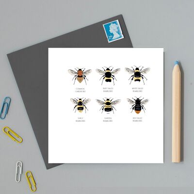British Bees Greeting Card, illustration of UK bees