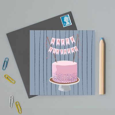 Feliz cumpleaños, con, torta, tarjeta de felicitación