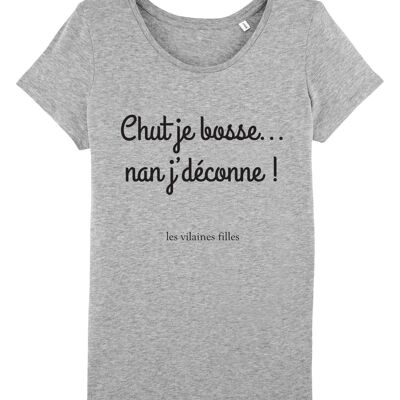 Tee-shirt col rond Chut je bosse bio, coton bio, gris chiné