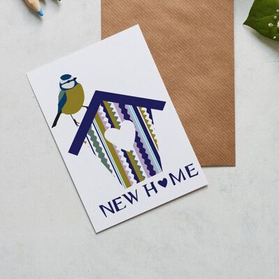 New Home Vogelhaus mit Blaumeise-Grußkarte