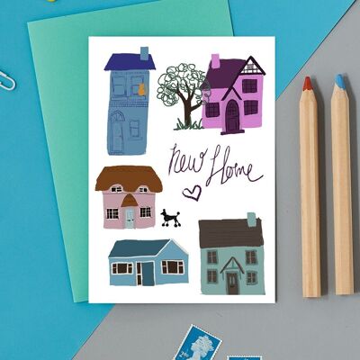 New Home, illustrated houses greeting card