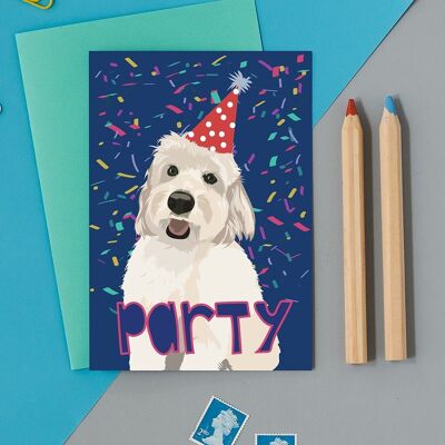 Carte de vœux Party Dog, cockapoo blanc