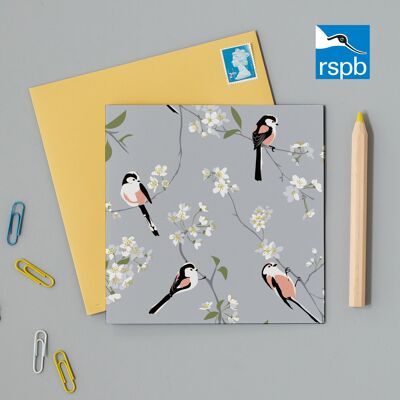 Tarjeta de felicitación RSPB Blossom and Bird Grey, teta de cola larga