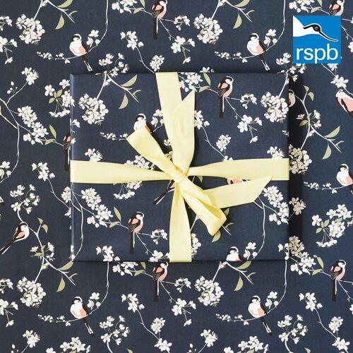 RSPB Blossom and Bird Navy long tailed tit wrapping paper