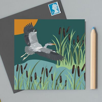 Tarjeta de felicitación de caridad RSPB Heron en la puesta de sol