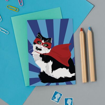 Superhero Cat wearing cape greeting card