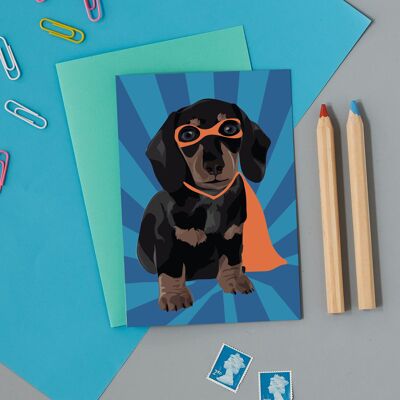 Tarjeta de felicitación de perro salchicha de superhéroe