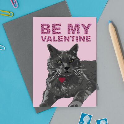 Be my valentines cat card with fluffy grey cat