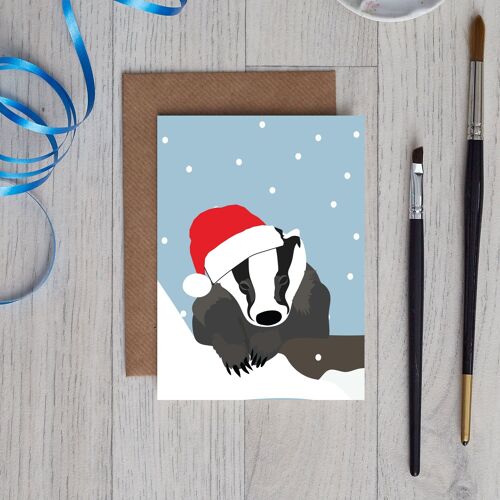 Christmas Badger Card wearing santa hat
